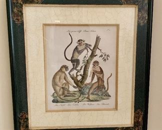 One of two monkey prints, double matted crackle glaze and painted frames 29"H, 26"W