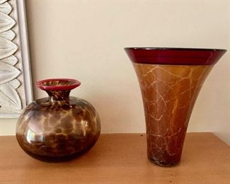 Art Glass - $75 left is tortoise with red rim 5.5"Hx6.5"W unsigned;$150  right is marbled trumpet base 8.25"H signed