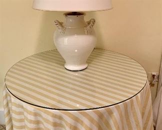 $150 Lined yellow striped cotton skirted glass top table (sturdy particle board base) 28"H, 30"D