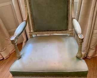 $1,600 Pair of Louis XVI arm chairs in green/gray leather with nailhead trim 37"H, 20"D, 24"W; detail