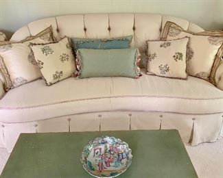 $2,250 Nancy Corzine silk jacquard,tufted, rounded back, pleated skirt sofa 33.5"H, 41"D, 83"W.  Pillows sold separately.