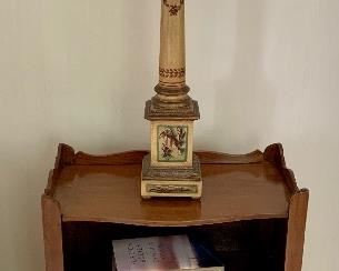 $250 as is 19th century French cherrywood tambour front cabinet. 31"H, 11.25"D, 21.25"W (broken tambour on right)
