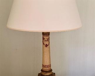 $450 pair of painted wood column lamps with white opaline paper shade. 2 of 2 available. 32.75"H
