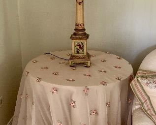 $195 Round side table with custom embroidered organza tablecloth. 27"D