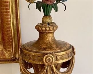 $450 pair of vintage floral arrangements with gilded wood base with vintage metal flowers (2 pieces) 17.75"H