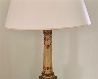 $450 PAIR of painted wood column lamps with white opaline paper shades.  1 of 2 available. 32.75"H