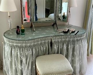 $595 custom made dressing table with organza skirting and stool; English triple shagreen mirror on stand;  Dressing table (30.25"H, 24"D, 54"W; $2,500 English triple shagreen mirror on its own stand with beveled mirrors MIRROR  SOLD SEPARATELY (28.75"H x 34.75"W)