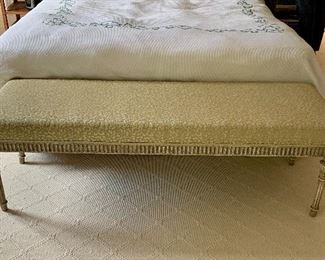 $595 custom upholstered David Iatesta bench 16.5"H x 18.25"D x 57"W (back left leg needs glue)