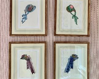 $795  for set of four hand colored prints of bonnets in antiqued gold frames with French mats. 22.5"H x 18.25"W