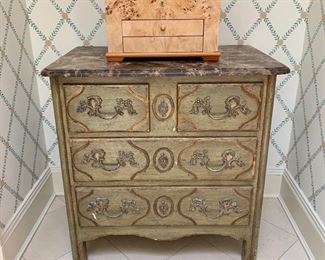 $700 reproduction chest of drawers in antique painted finish with marble top 31"H x 19.5"D x 31"W; $175 burlwood jewelry box 