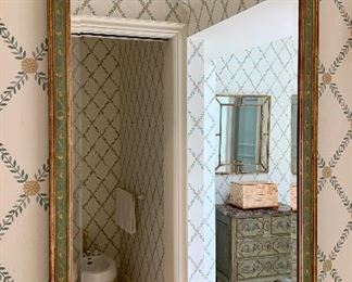 $750 Beveled wood mirror with green and gold tone embellishments 39"H x 24"W 