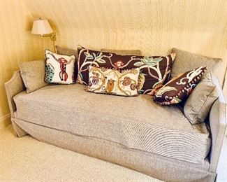 $1,595 Custom day bed w/additional mattress underneath.  Upholstered in heavyweight tan chenille fabric.  5 matching pillows included.  Clarence House Monkey pillows & Bolster SOLD SEPARATELY.  32"H, 39"D, 85"W