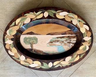 $350 Wooded footed oval inlaid serving tray depicting the coast of Sorrento 24.75Lx17.75Wx3"H A, Gargiulo & Jannuzzi