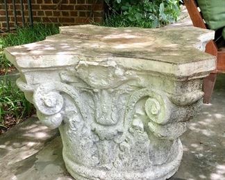$225 Pair of outdoor corinthian column top side tables (not concrete) One of two 17.25"H 29"W