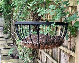 $150 pair of black metal hanging basket planters (basket 10"H with chain 29"H), 18"D