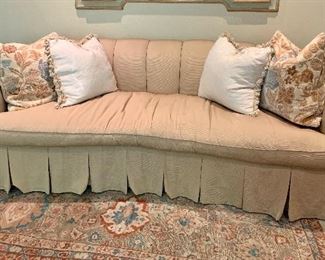 $2,250  Custom curved backed round arm sofa in butterscotch hammered silk with coordinating cord trim.  Drop skirt and pleated outside back.  34"H x 97"W x 37" D.  Pillows sold separately