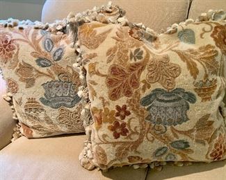 $250 Pair of down filled pillows with fringe, linen-velvet