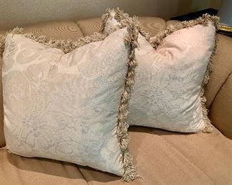 $120 Pair down filled damask fabric with looped fringe trim