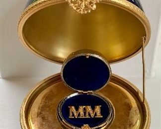 Faberge Limoges France cobalt egg with jewelbox inside marked Faberge 0243 (OPEN)