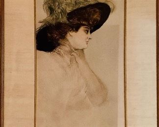 $2700. "Plume Vert" by Paul Cesar Helleu (French 1859-1927).  Original drypoint etching/pencil signed. Approx 30" x 24"