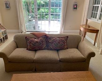 $1,695 Custom three seat rolled arm straight back sofa with chenille tweed tan fabric (minor wear - as is).  Pillows sold separately.