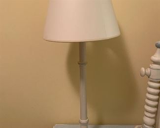 $175 Pair of painted cream with blue trim wooden spool lamps with opaline shapes  25.5"H