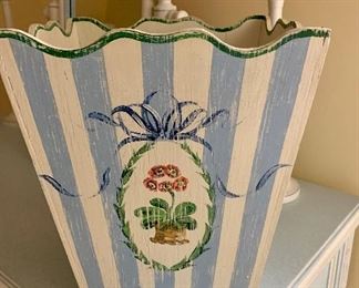 $45 Signed and painted waste basket "H, 11"D, 11.25"W