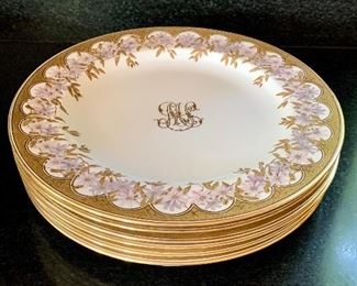  Set of 18 gold encrusted monogrammed dinner plates.  17 in excellent shape.  One chipped. Brownfield & Sons makers mark.