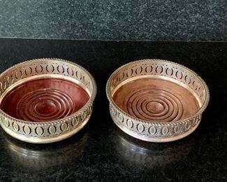 $22 Set of 2 wood and silver-plate wine coasters