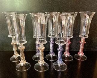 $320 Hand blown Venetian glass champagne flutes.  Set of 8. 9.75 in high