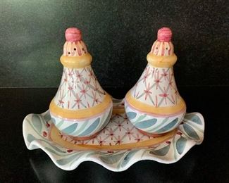 $75 Mackenzie Childs Alsmeer 3 pc. salt & pepper shaker set.  Retired.