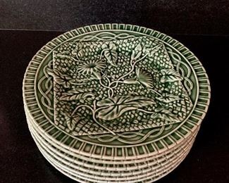 $65 Set of 8 Bardallo Pinheiro (Portugal) green plates. Approx 9 1/2"