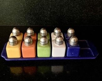 $20 Pottery Barn colorful salt & pepper shakers and tray.