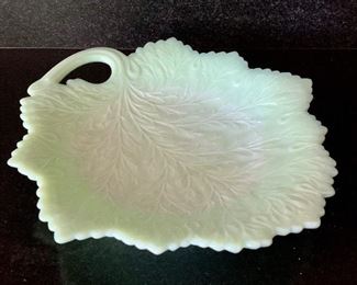 $12 Green milk glass leaf tray 