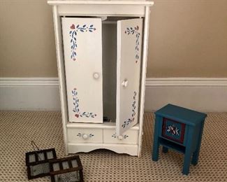 $35 Lot of Doll House accessories with white painted cupboard