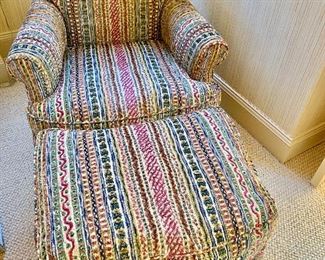 $2750 Custom Clarence House "Montage" belgian velvet fabric constructed as a rolled arm straight backed chair and ottoman with decadent 9"inch coordinating trim.   Chair; 33.5 "H x 33"W x 16"D; Ottoman;  16"H , 20"D, 26.5"W