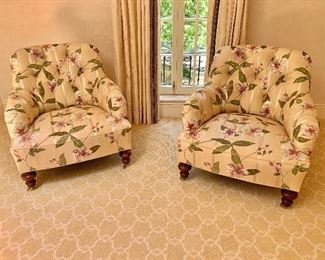 $1,100 pair of custom floral embroidered silk, rolled arm club chairs with tufted backs on casters, 34.5"H, 33"D, 32"W