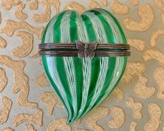 $40 Heart shaped, glass trinket box 3.25"H