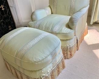 $1,295 Custom rolled arm, rolled back silk chair and ottoman with intricate fringe. Chair 34"H, 36"D, 32"W and ottoman 17.25"H, 23"D, 32"W 