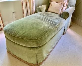 $595. Rolled arm chaise upholstered in green velvet with custom trim.  37.75"H, 67"D, 33"W.  Pillows sold separately.