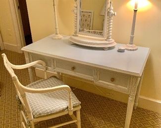 $395 Three drawer neo-classic blue and white painted desk 30.5"H, 22.5"D,  46"W. Chair sold separately 