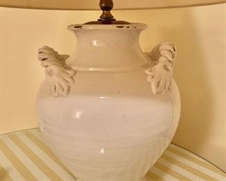 $75 white painted terra cotta lamp with twisted handles and paper opaline shade 25.5"H 