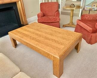 $595 Minton-Spidell inlaid herringbone wooden cocktail table 36"D x 60"W x 18"H