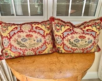 $295 Pair - Needlepoint pillow with fringed trim
