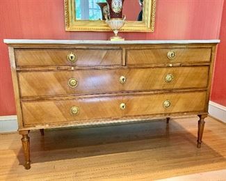 $2695 Antique Swedish satinwood chest with four drawers, a pull out shelf and original white marble top.  35"H, 24.5"D, 58"L