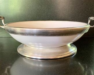 $165 Arte D'Italica "Tuscan" round porcelain bowl with silver handles.  Approx 15" diameter.  