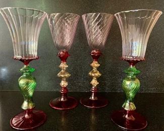$180 Venetian blown glass wine glasses.  Set of 4.
