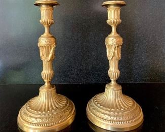 $900/pair.  18th Century gilt over bronze quality candle holders.  Approx. 10.5" H.
