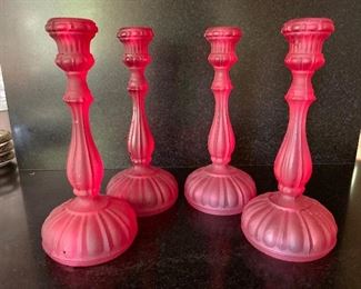 $120 Set of 4 decorative red glass candlesticks