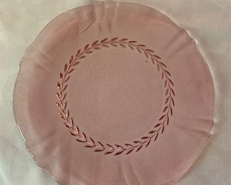 $150 Set of 10 pink Villeroy & Boch glass charger plates with laurel leaf design.   Approx. 12" diameter.  
